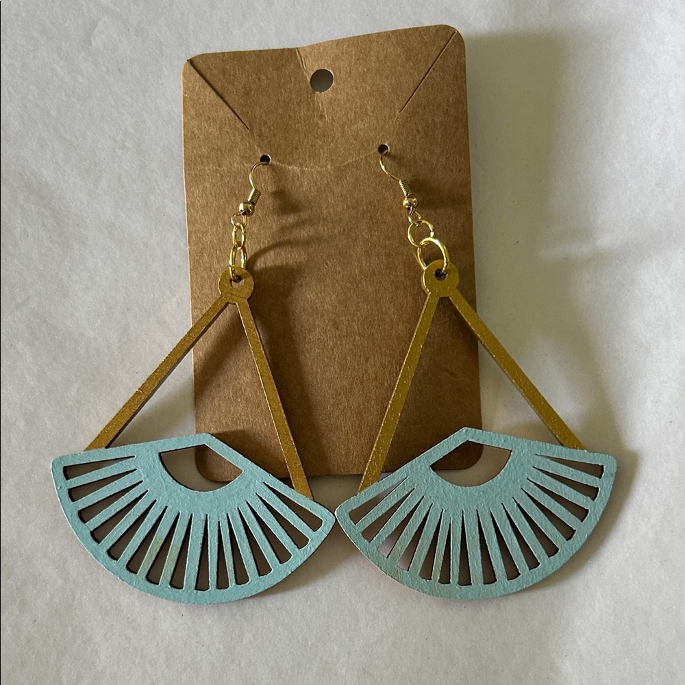 Gold and Blue Fan Earrings